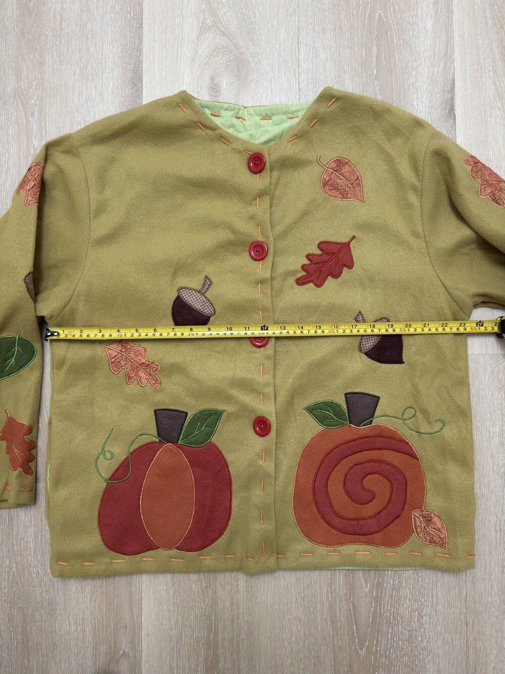 VTG 90s Y2K Autumn Pumpkin Leaf Applique Fleece Jacket Mustard Cardigan L Lined - Picture 8 of 16